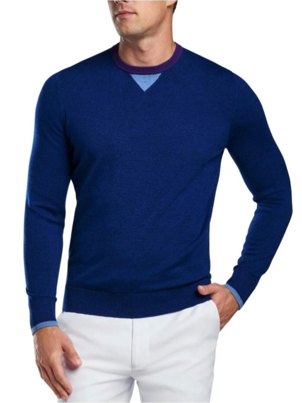 G/FORE 100% Wool Colorblock Sweater Mens Small Blue Purple Golf Luxury